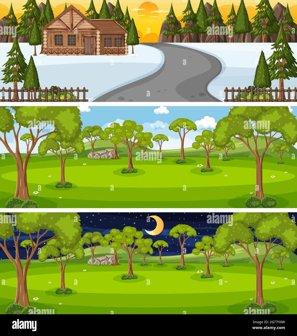 Set of different nature horizontal scenes illustration Stock Vector