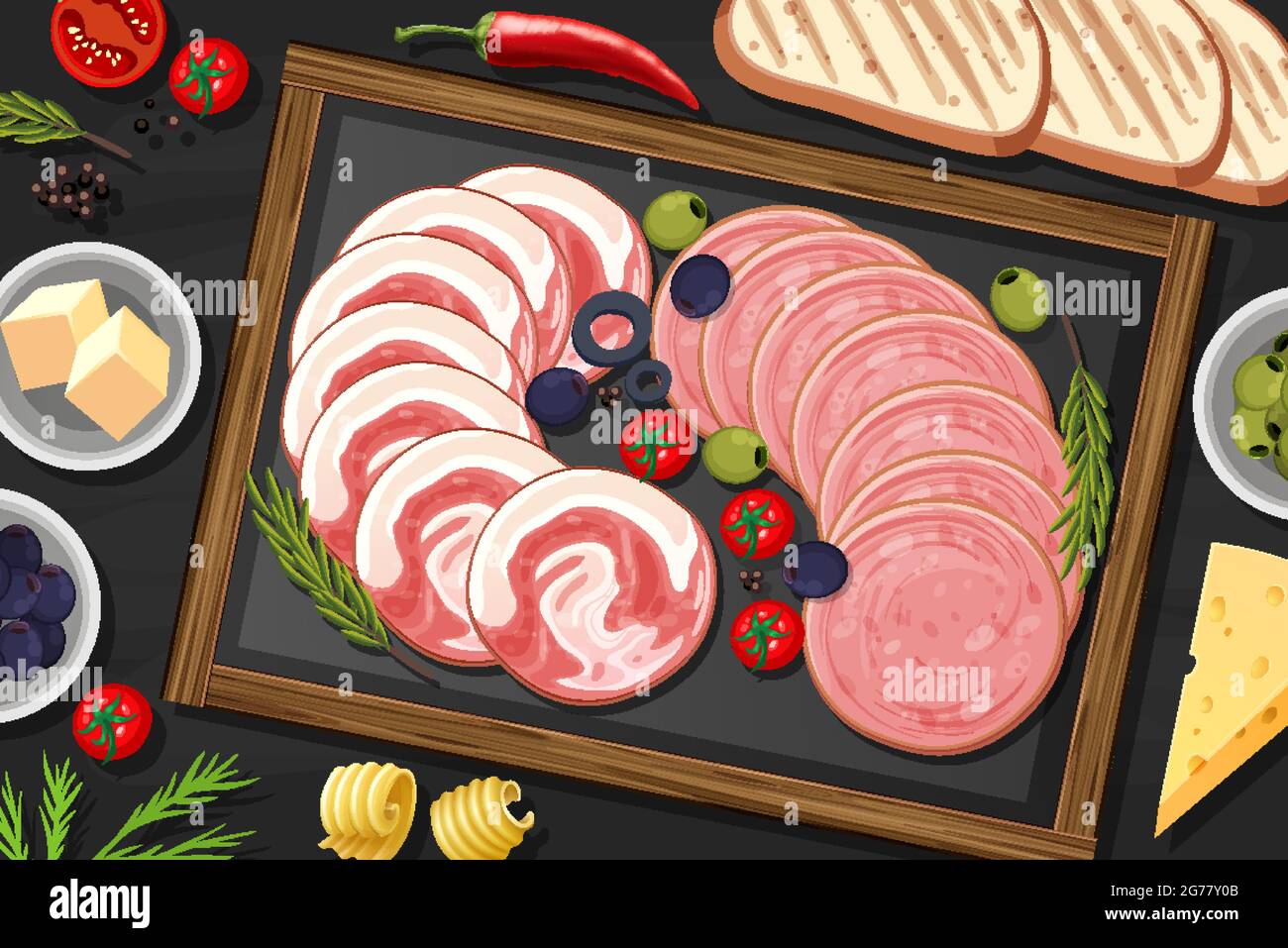 Platter of cold meats and smoked meats on the table background illustration Stock Vector
