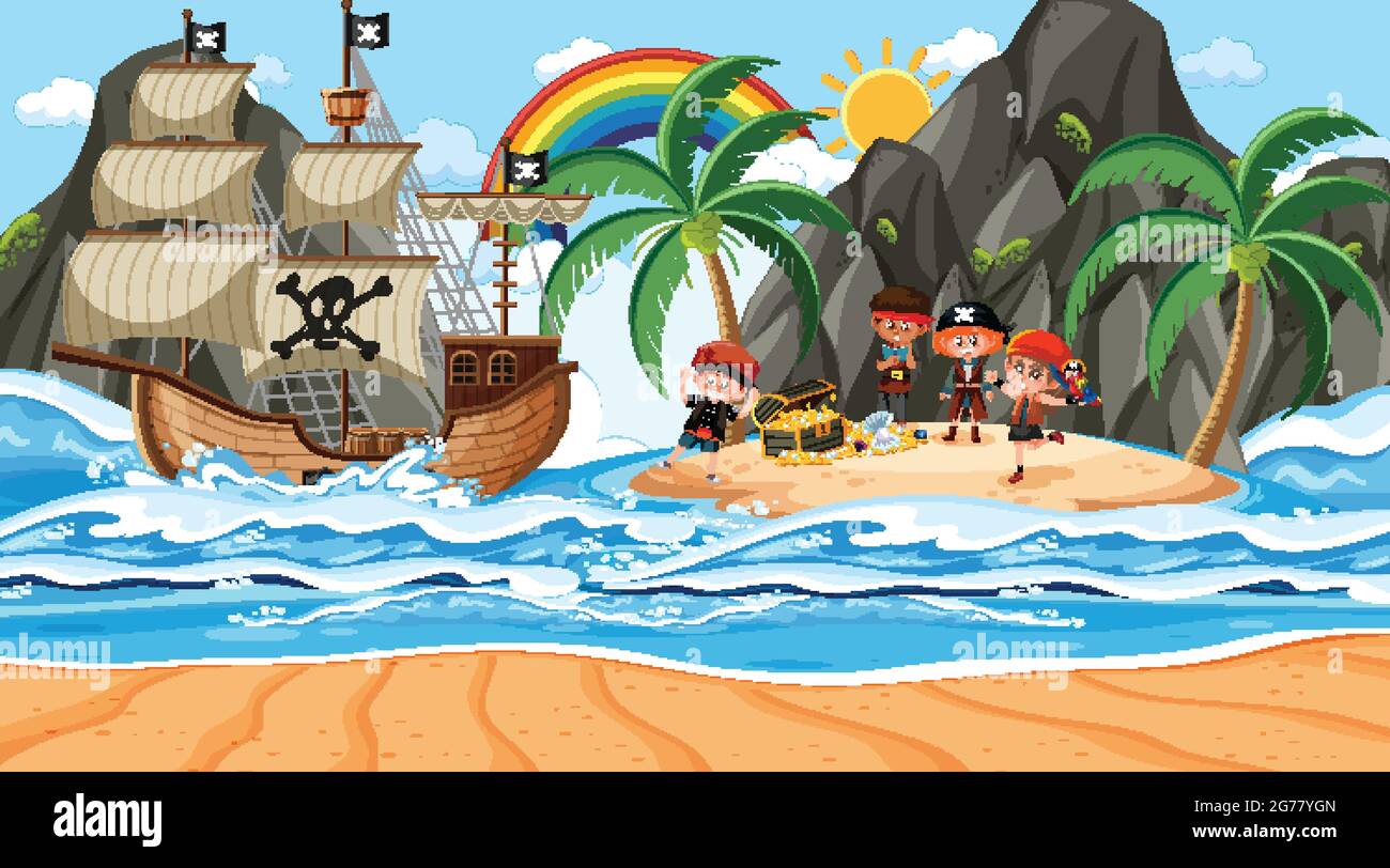 Treasure Island scene at daytime with Pirate kids illustration Stock ...