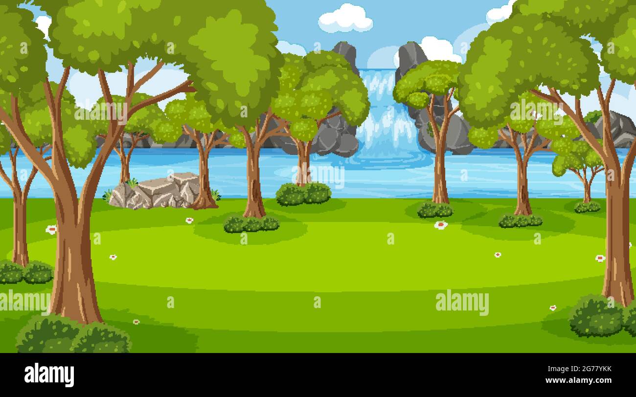 Background scene with many trees and waterfall illustration Stock ...