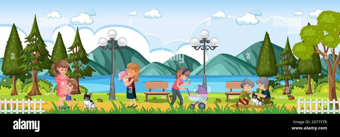 Park horizontal scene with many people illustration Stock Vector Image ...