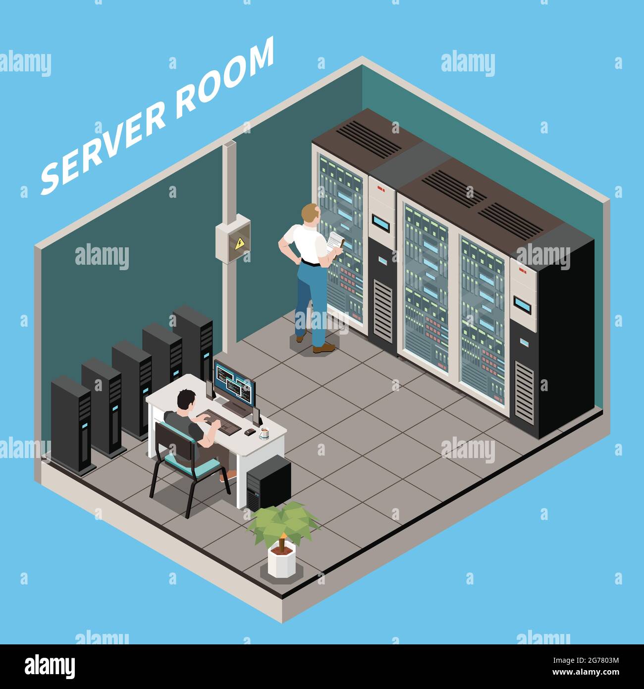 Isometric datacenter composition server room headline and engineers