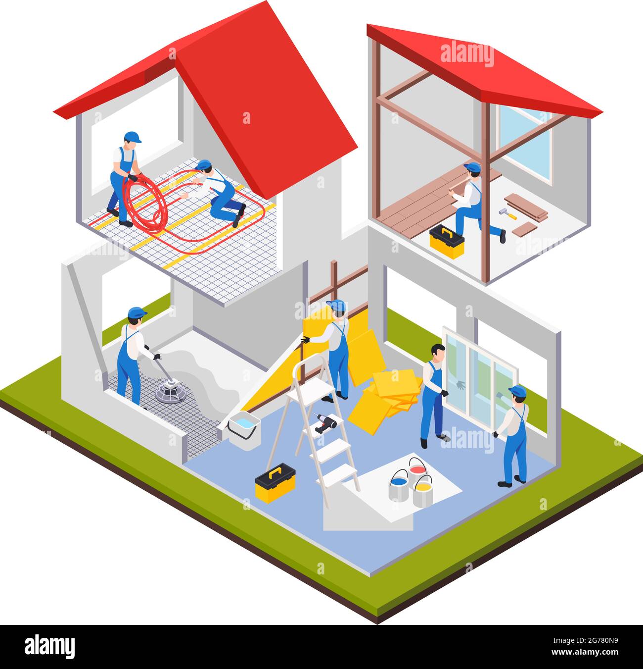 Renovation repair works isometric composition with view of house rooms under heavy maintenance with human characters vector illustration Stock Vector