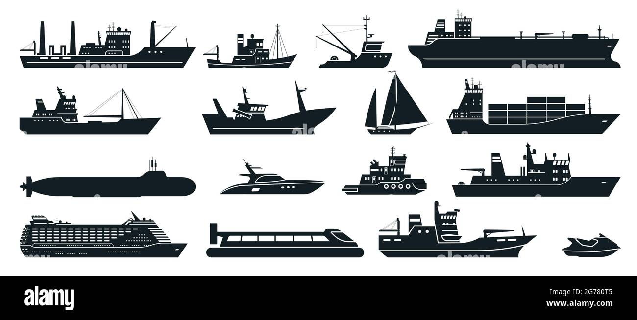 Ships silhouette. Cargo ship with shipping containers, tourist cruise ship, commercial fishing vessel, yacht. Water transportation vector set. Liner for voyage, fisher boat, water scooter Stock Vector
