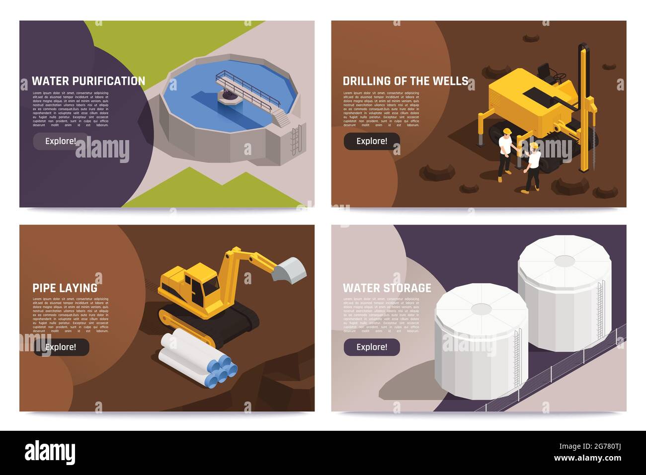 Water supply concept 4 isometric compositions with purification