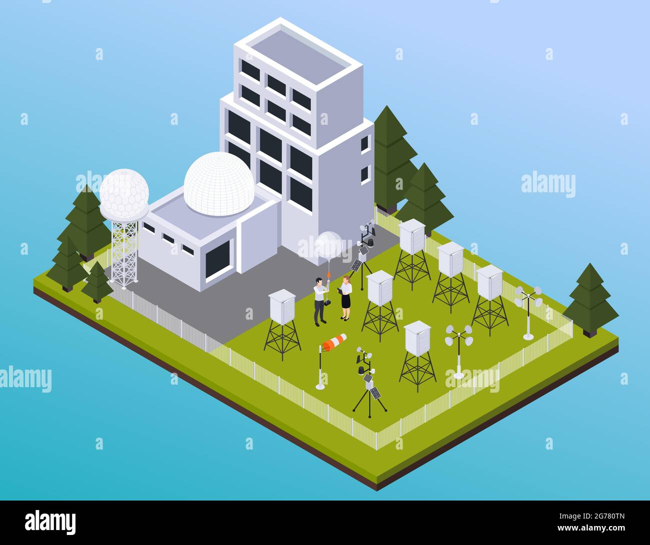 Meteorology weather forecast isometric composition with view of outdoor site with meteo station buildings and radars vector illustration Stock Vector