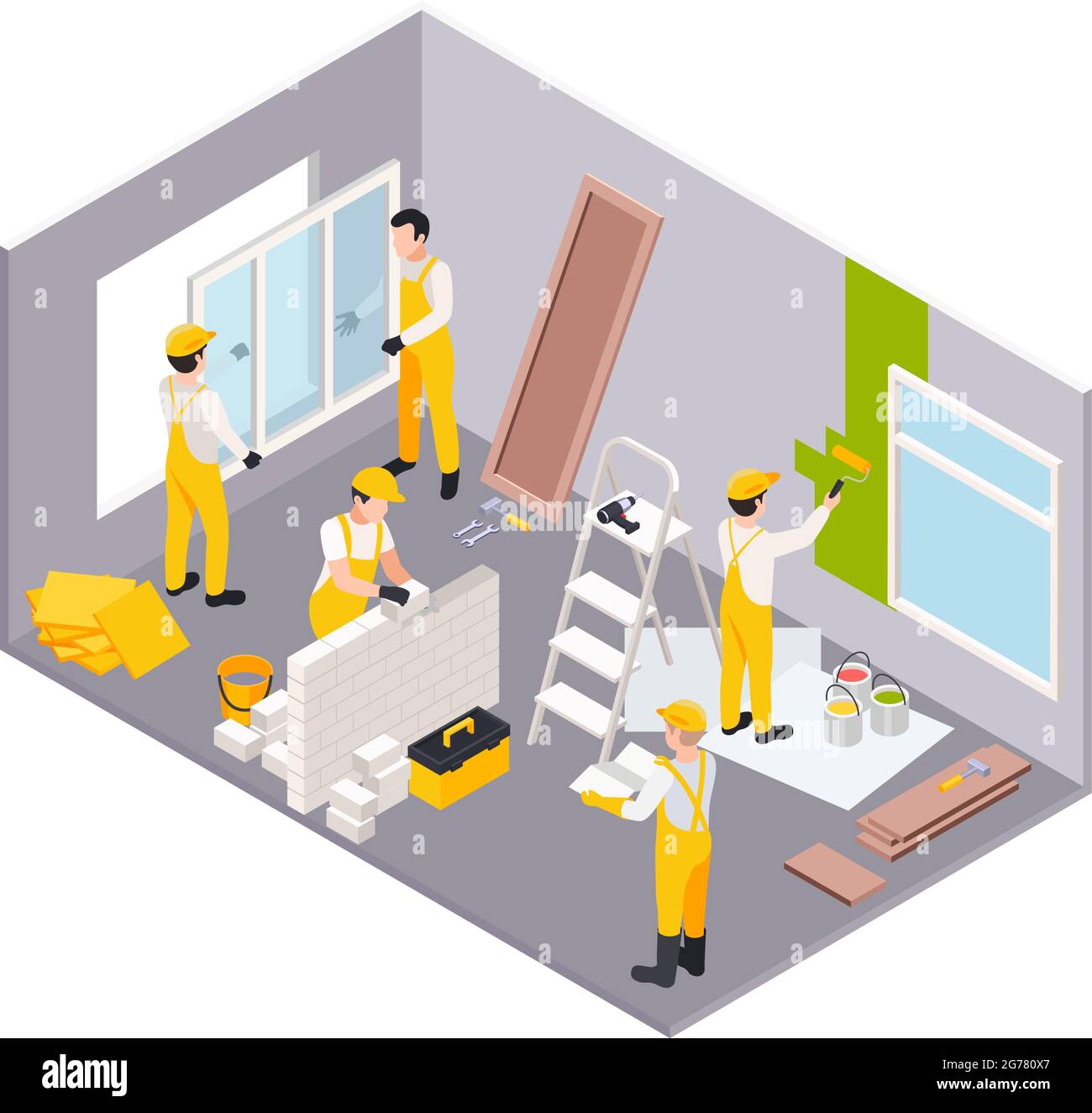 Renovation repair works isometric composition with living room maintenance scenery with workers group performing finishing operations vector illustrat Stock Vector