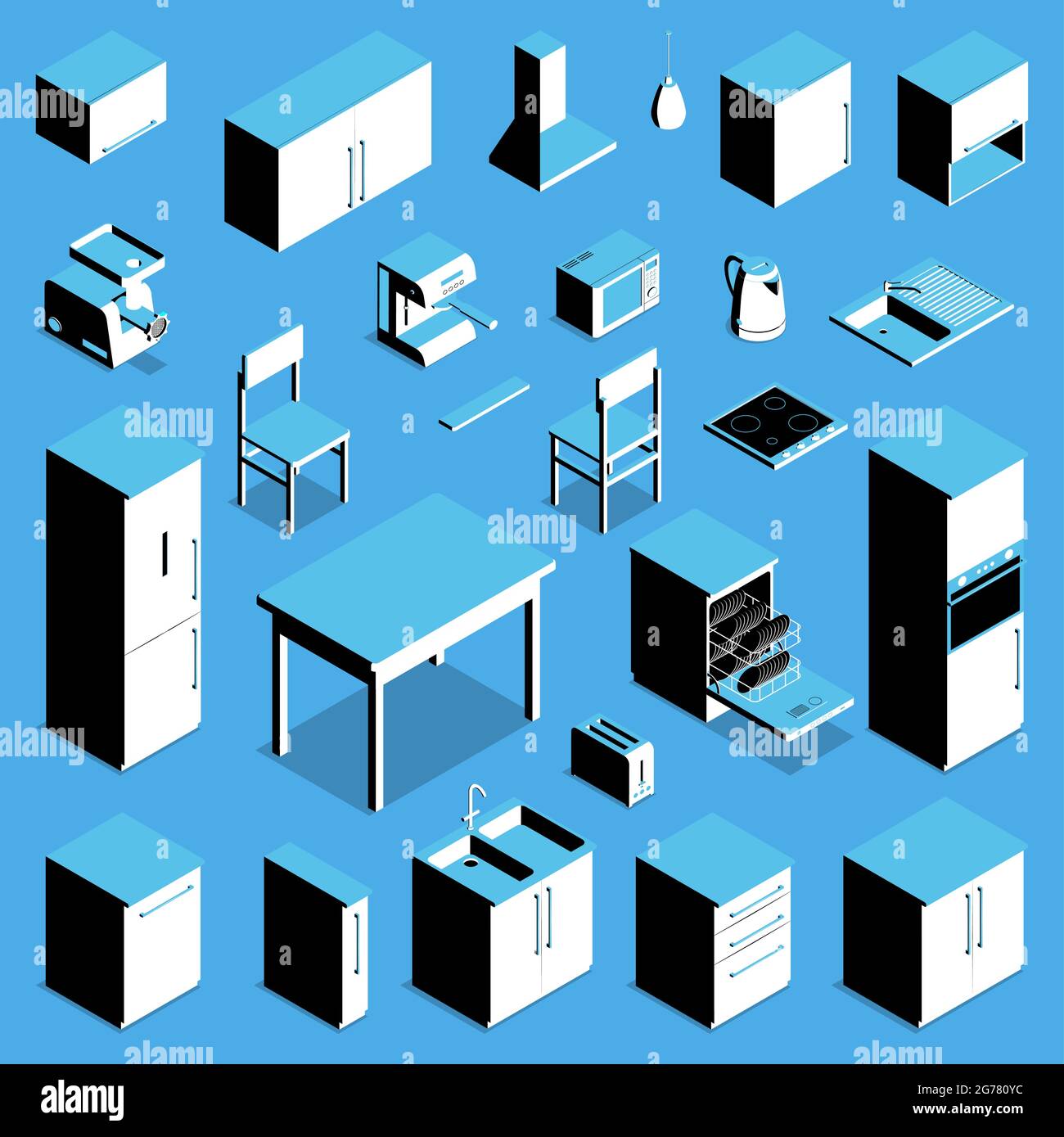 Isometric icons set with kitchen table fridge cooker kettle chair ...