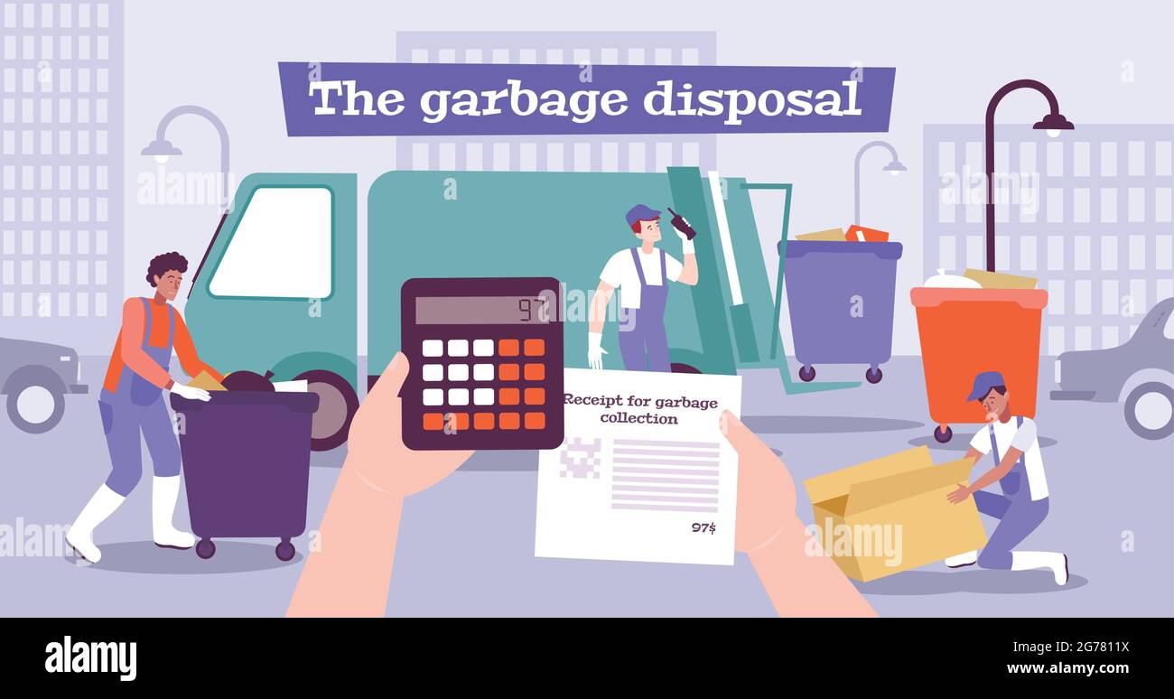 Payment garbage flat composition with hands holding calculator bill and