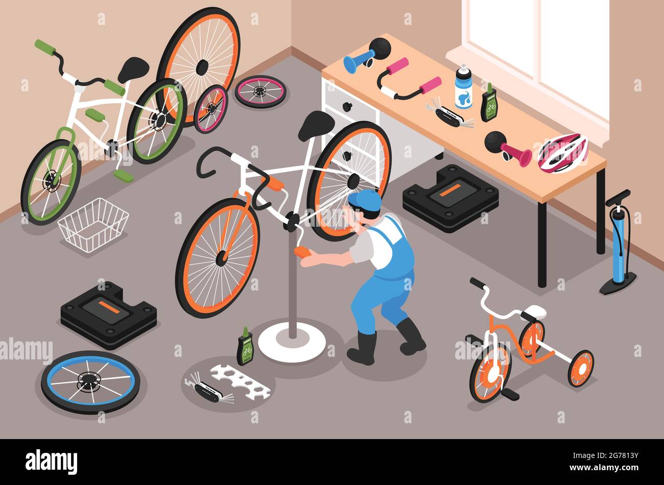 Bicycle repairs garage with man fixing bike treadle 3d isometric vector