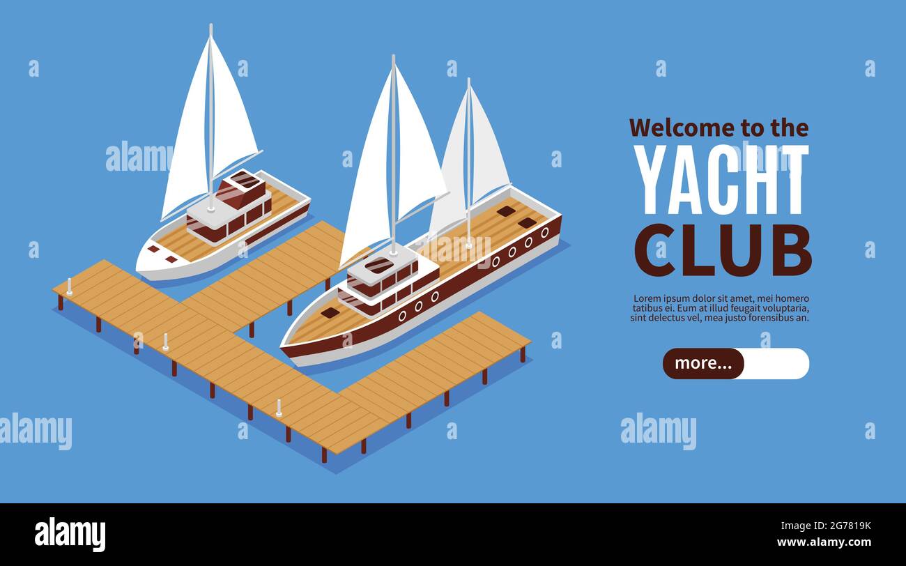 Isometric horizontal banner with two luxury yachts and wooden pier 3d vector illustration Stock Vector