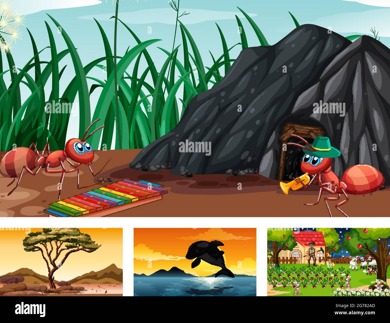 Four different nature horizontal scene  illustration Stock Vector