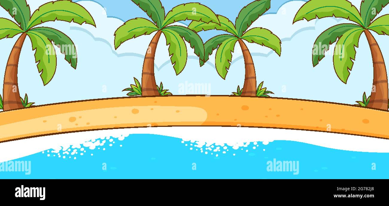 Empty beach landscape scene with many palm trees illustration Stock ...
