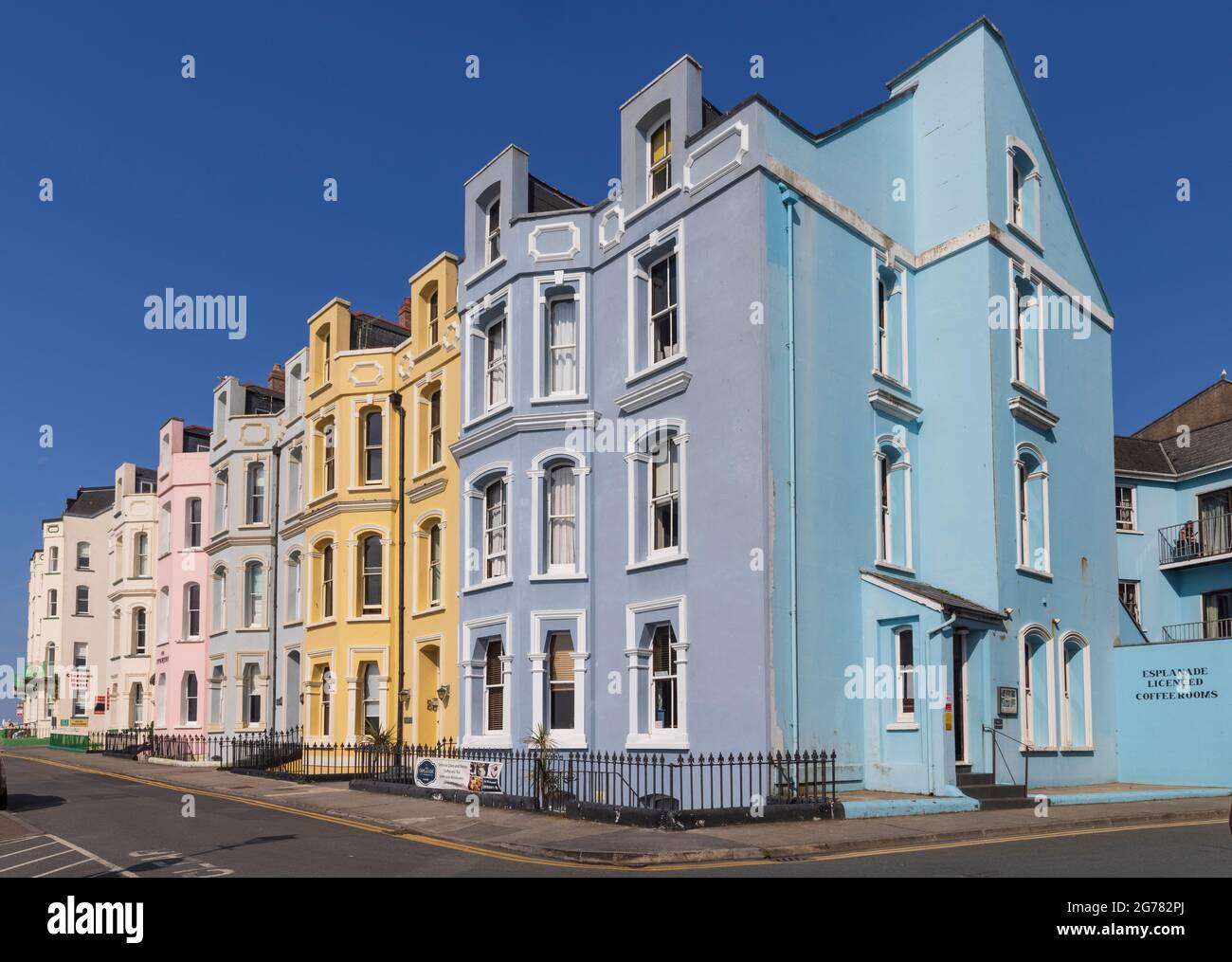 Colourful hotels on The Esplanade, Tenby, Pembrokeshire, Wales Stock Photo