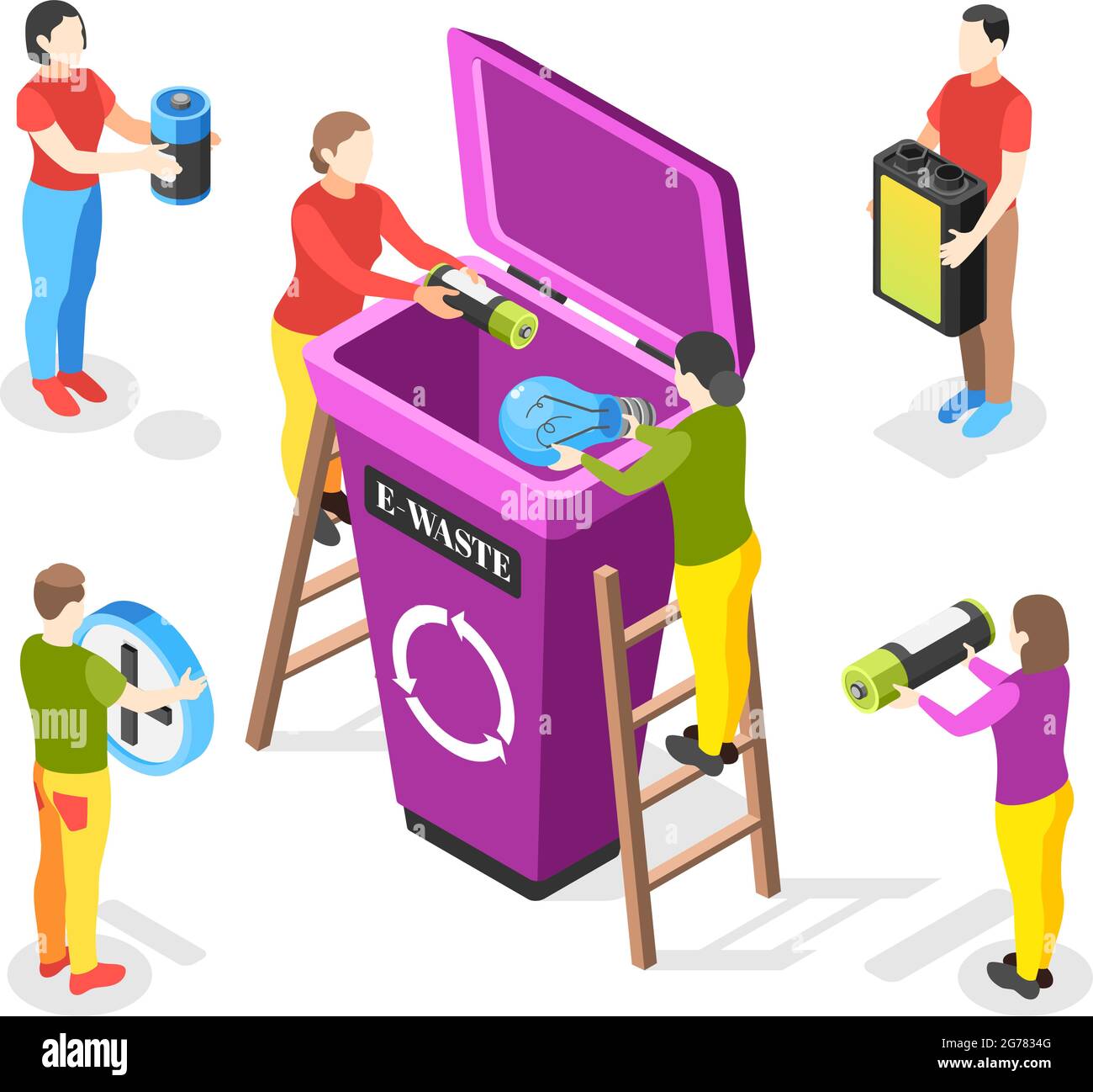 Electronic garbage isometric composition with faceless human characters holding dead batteries and lamps with trash bin vector illustration Stock Vector