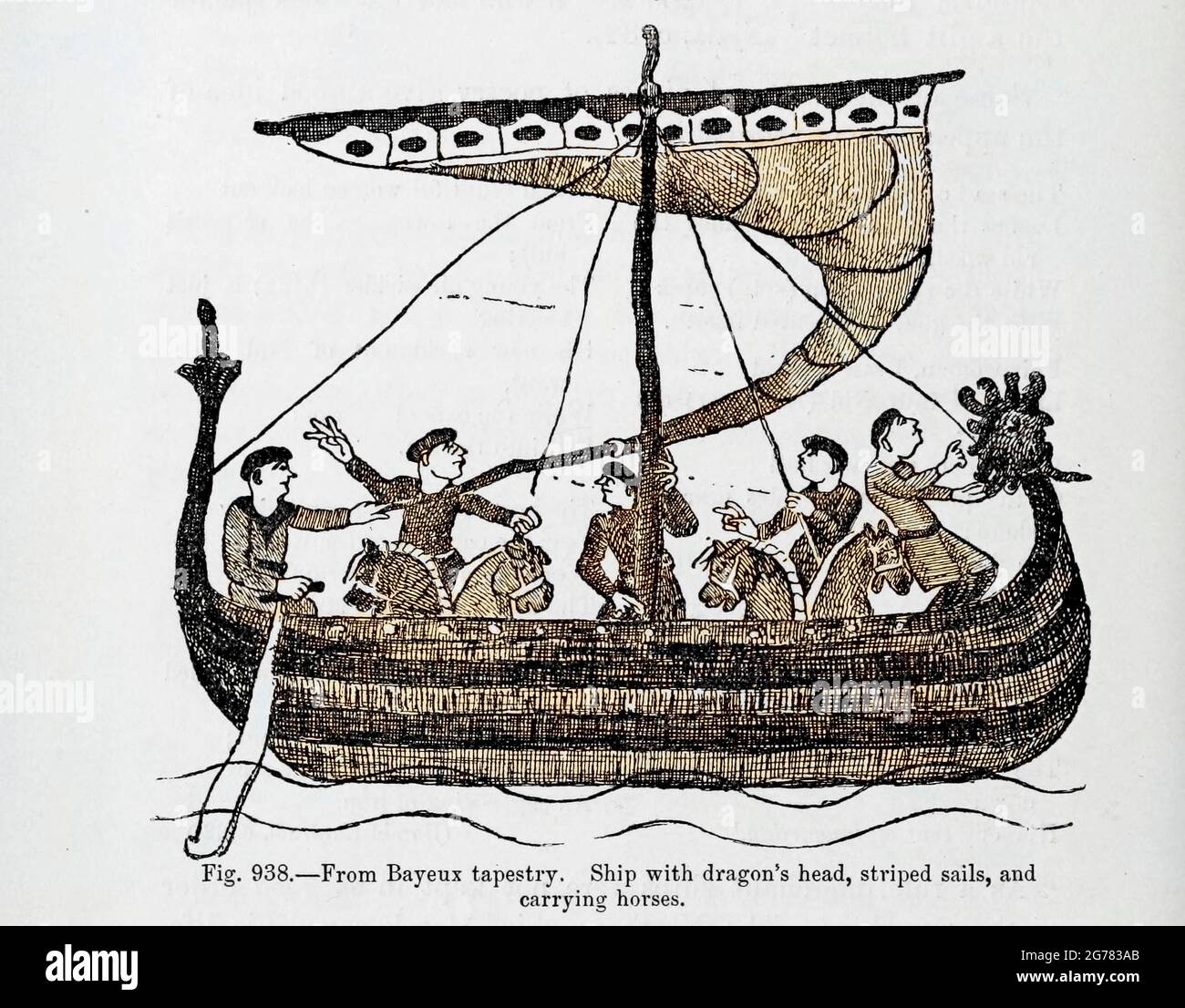 full rigged Viking dragon head ship, lined with shields, striped sails and men pulling on oars. From the book ' The viking age: the early history, manners, and customs of the ancestors of the English-speaking nations ' Volume 2 by Du Chaillu, Paul B. (Paul Belloni), Published in New York by  C. Scribner's sons in 1890 Stock Photo