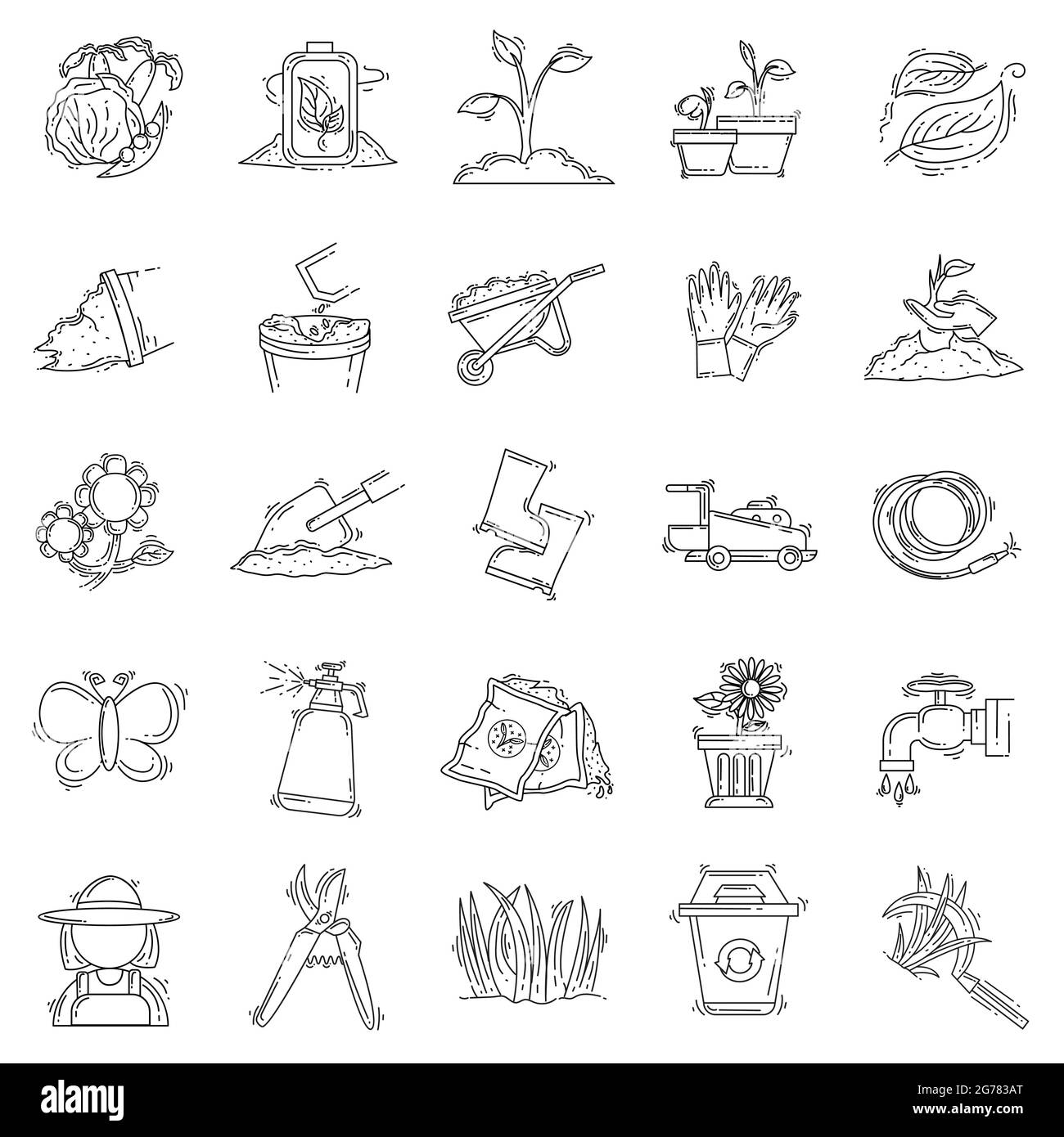 Gardening hand drawn icon set, outline black, doodle icon, vector icon ...
