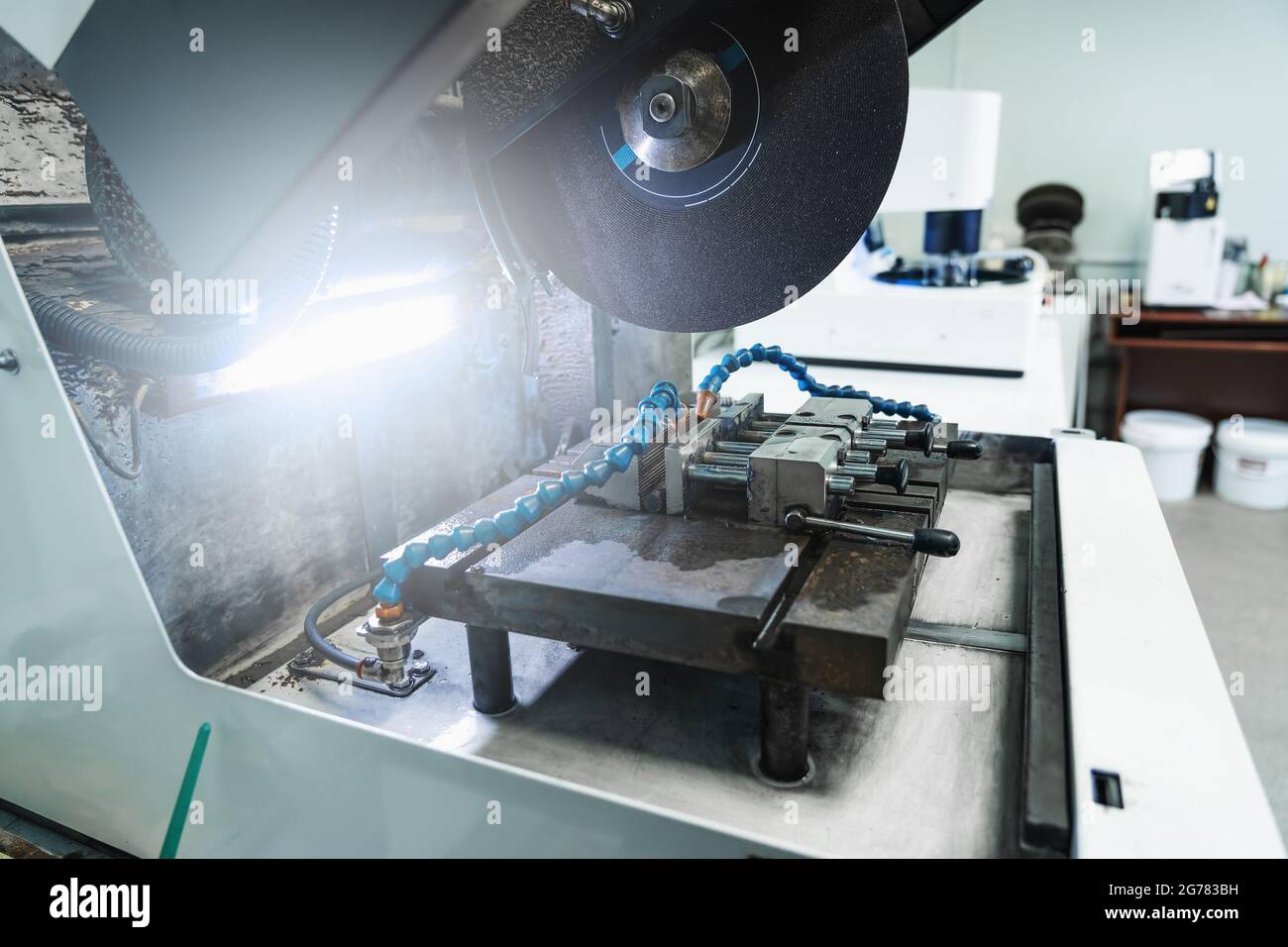 Laboratory test equipment for testing metal and iron samples in metallurgical plant lab Stock