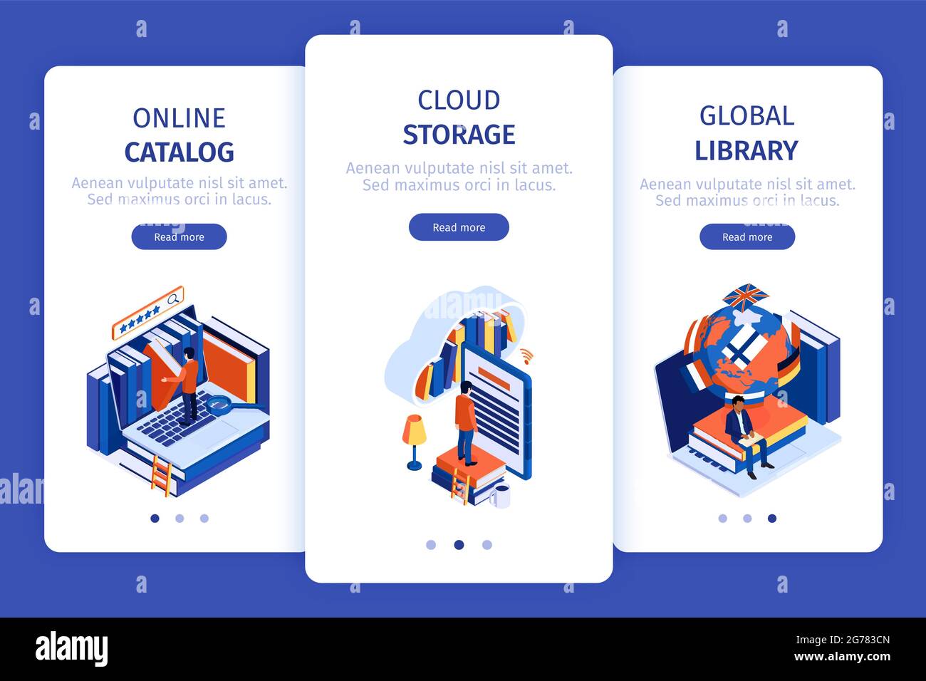 Online library 3 vertical mobile screen banners set with catalog cloud storage global access isometric vector illustration Stock Vector
