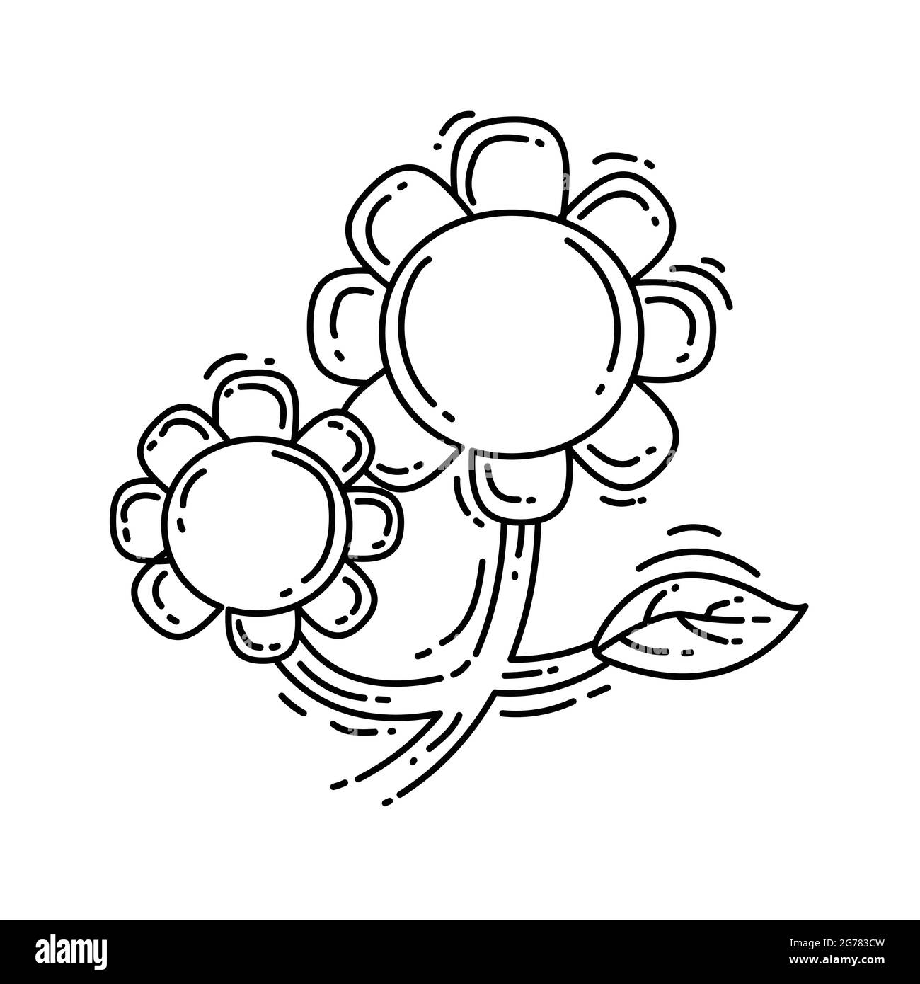 Gardening sunflower hand drawn icon, outline black, doodle icon, vector