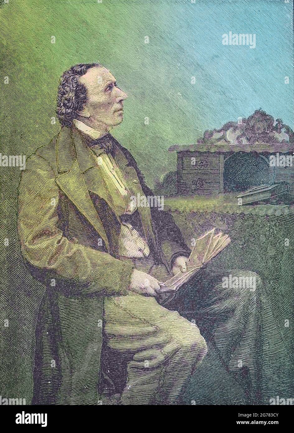 Machine colorized image of Hans Christian Andersen (2 April 1805 – 4 August 1875), in Denmark, was a Danish author. Although a prolific writer of plays, travelogues, novels, and poems, he is best remembered for his fairy tales. From the book ' The viking Bodleys; an excursion into Norway and Denmark ' by Horace Elisha Scudder Published in Boston, by Houghton, Mifflin and Company in 1885 from the BODLEY FAMILY series of books Stock Photo