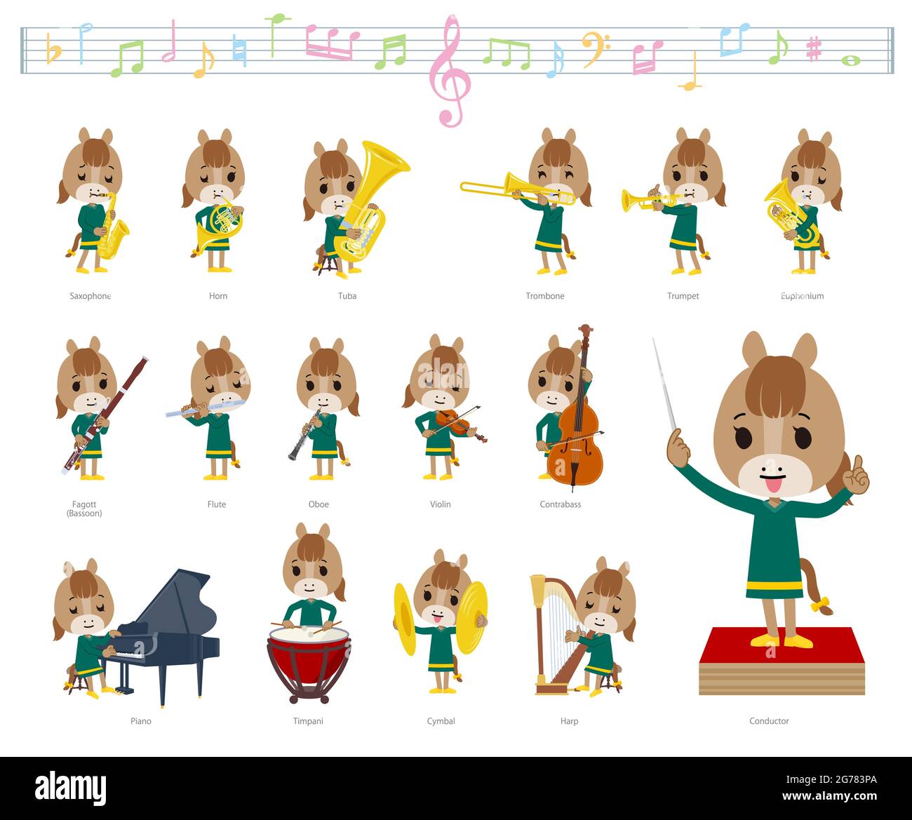 A set of Horse girl on classical music performances.It's vector art so it's easy to edit. Stock Vector