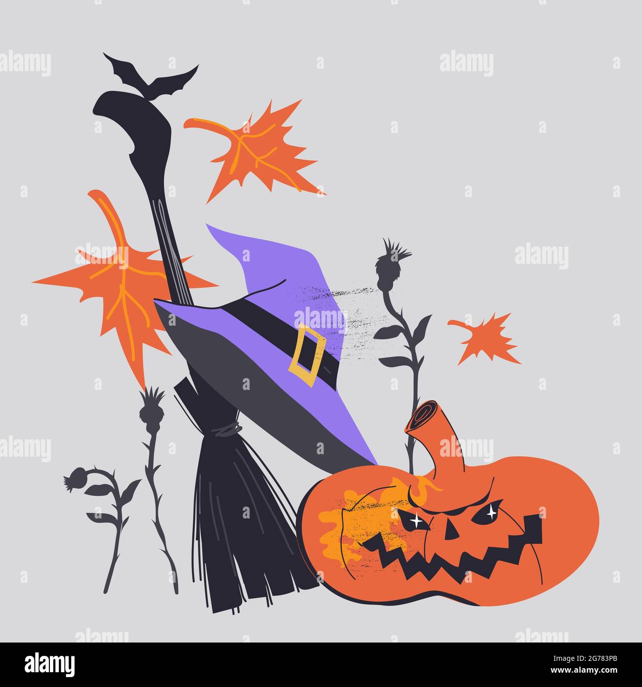 Halloween card with witch hat and pumpkin, flat vector illustration ...