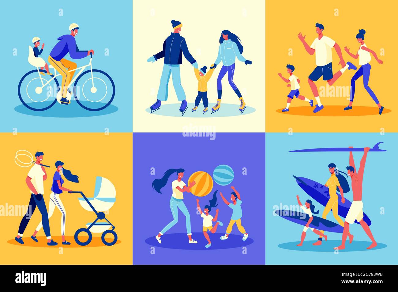 Family active holidays design concept with human characters of children ...