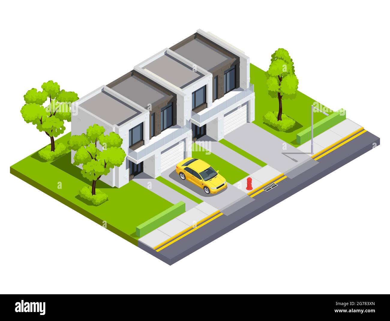 Suburban buildings isometric vector illustration with private townhouse for two family with isolated inputs and car on house territory Stock Vector
