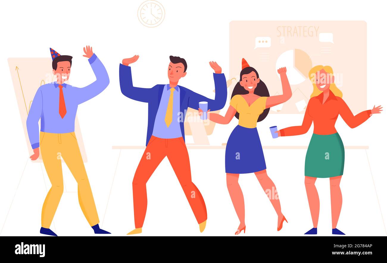 People dancing and drinking at corporate party in office flat vector ...