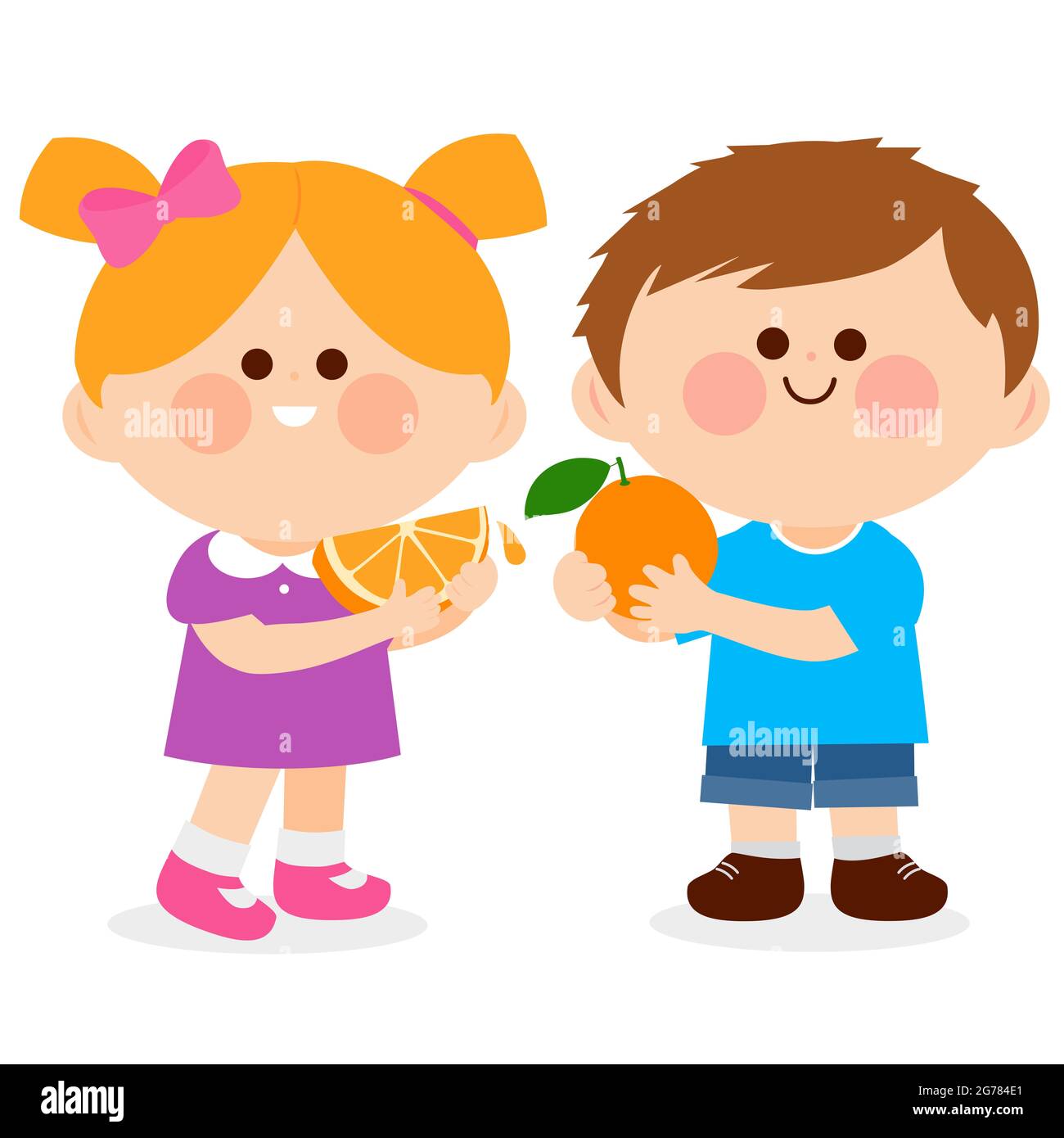 Two children, a boy and a girl eating oranges Stock Photo Alamy