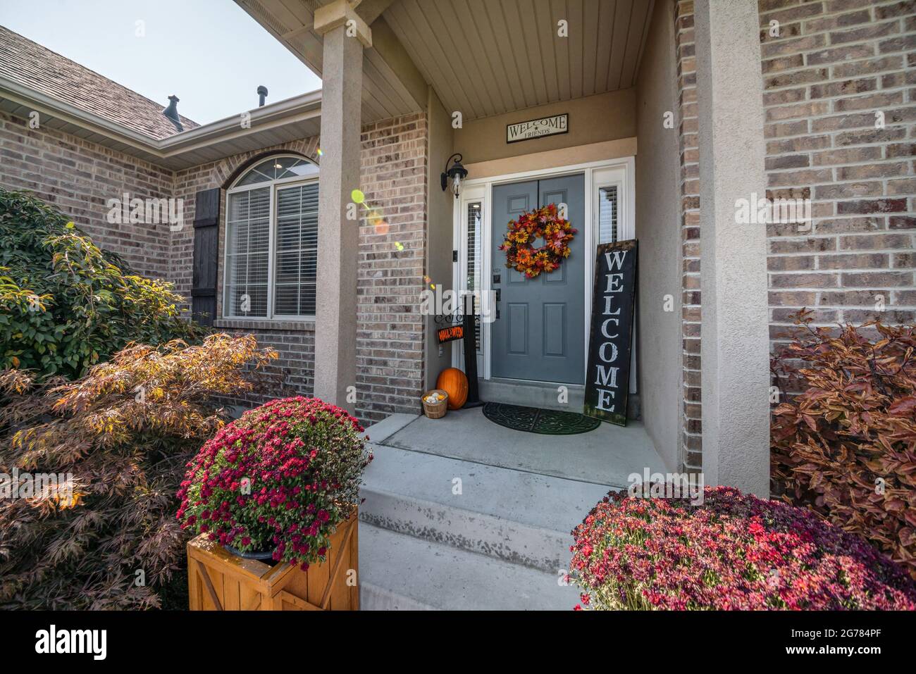 Front house design with bricks and halloween ornaments at the front Stock Photo