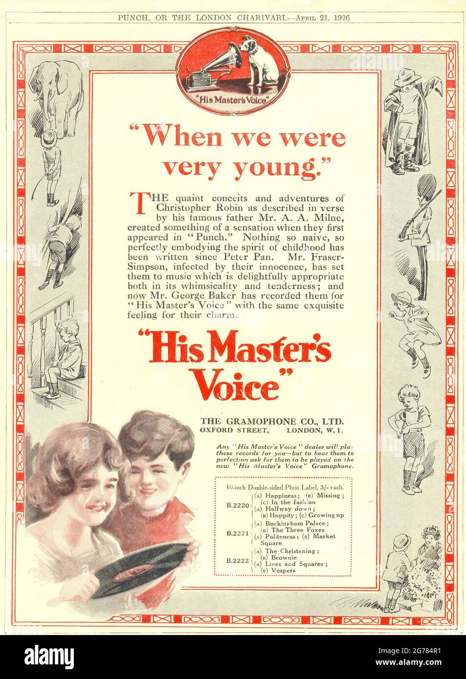 Advertisement for HMV's recording of Christopher Robin in Punch magazine 21 April 1926 Stock Photo
