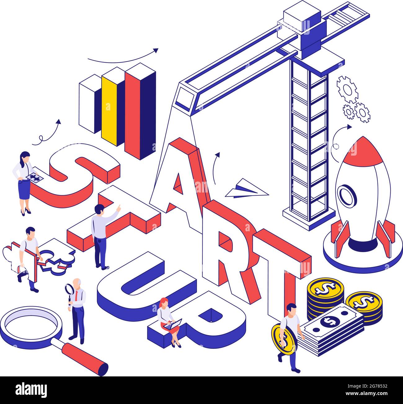 Startup construction and development 3d thin line art style design concept isometric vector illustration Stock Vector