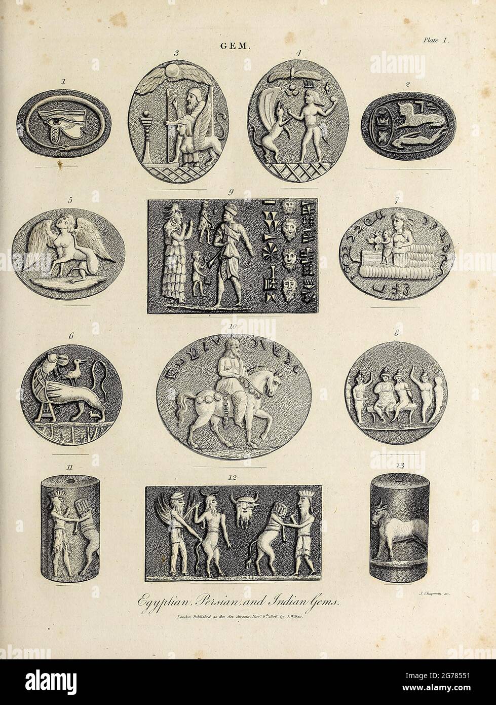 Egyptian, Indian and Persian Gems. Gem - Art highly prized for its beauty or perfection Copperplate engraving From the Encyclopaedia Londinensis or, Universal dictionary of arts, sciences, and literature; Volume VIII;  Edited by Wilkes, John. Published in London in 1810. Stock Photo