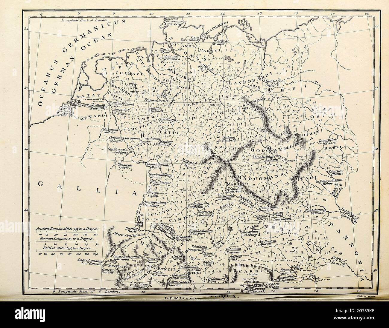 Germania Antiqua Ancient, Historical map of Germany Copperplate engraving From the Encyclopaedia Londinensis or, Universal dictionary of arts, sciences, and literature; Volume VIII;  Edited by Wilkes, John. Published in London in 1810. Stock Photo