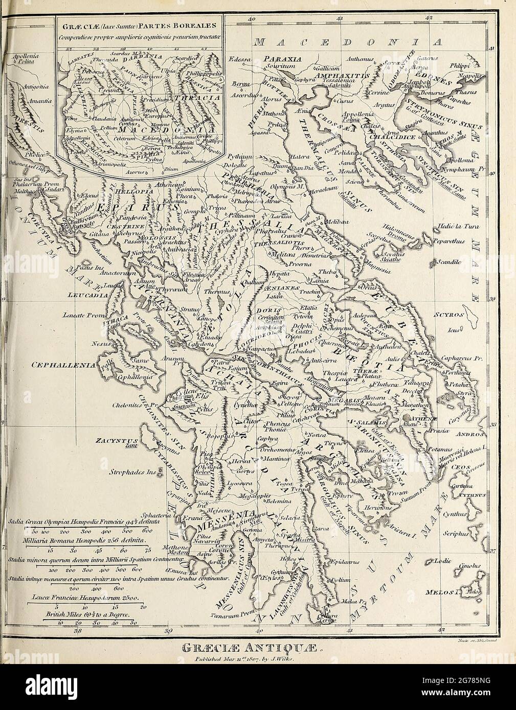Graeciae Antiquae Ancient, Historical map of Greece Copperplate engraving From the Encyclopaedia Londinensis or, Universal dictionary of arts, sciences, and literature; Volume VIII;  Edited by Wilkes, John. Published in London in 1810. Stock Photo