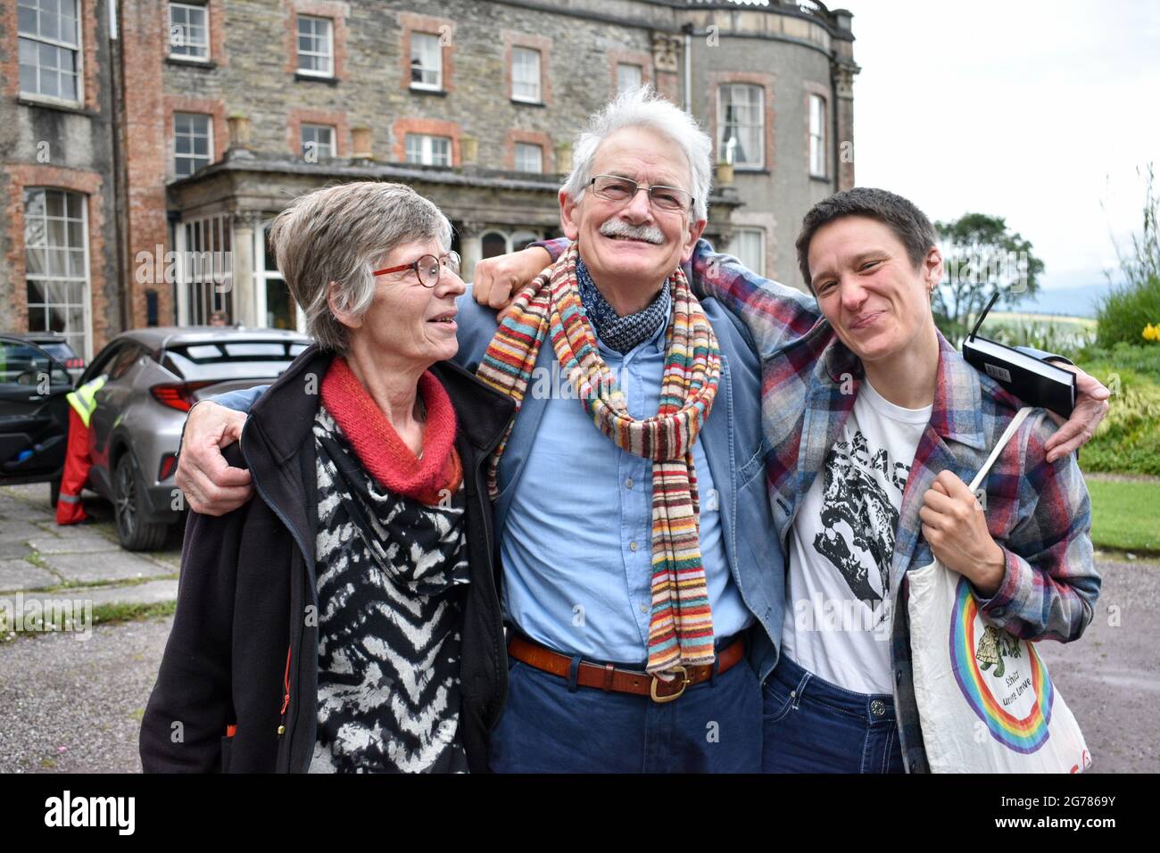 Bantry, West Cork, Ireland. 11th July 2021. West Cork Literary Festival begins three days of live outdoor events featuring numerous writers. Pictured below CEO of West Cork Music & West Cork Chamber Music Festival Artistic Director attending the West Cork Literary festival with his partner (on the left) and daughter. Credit: Karlis Dzjamko/Alamy Live News Stock Photo
