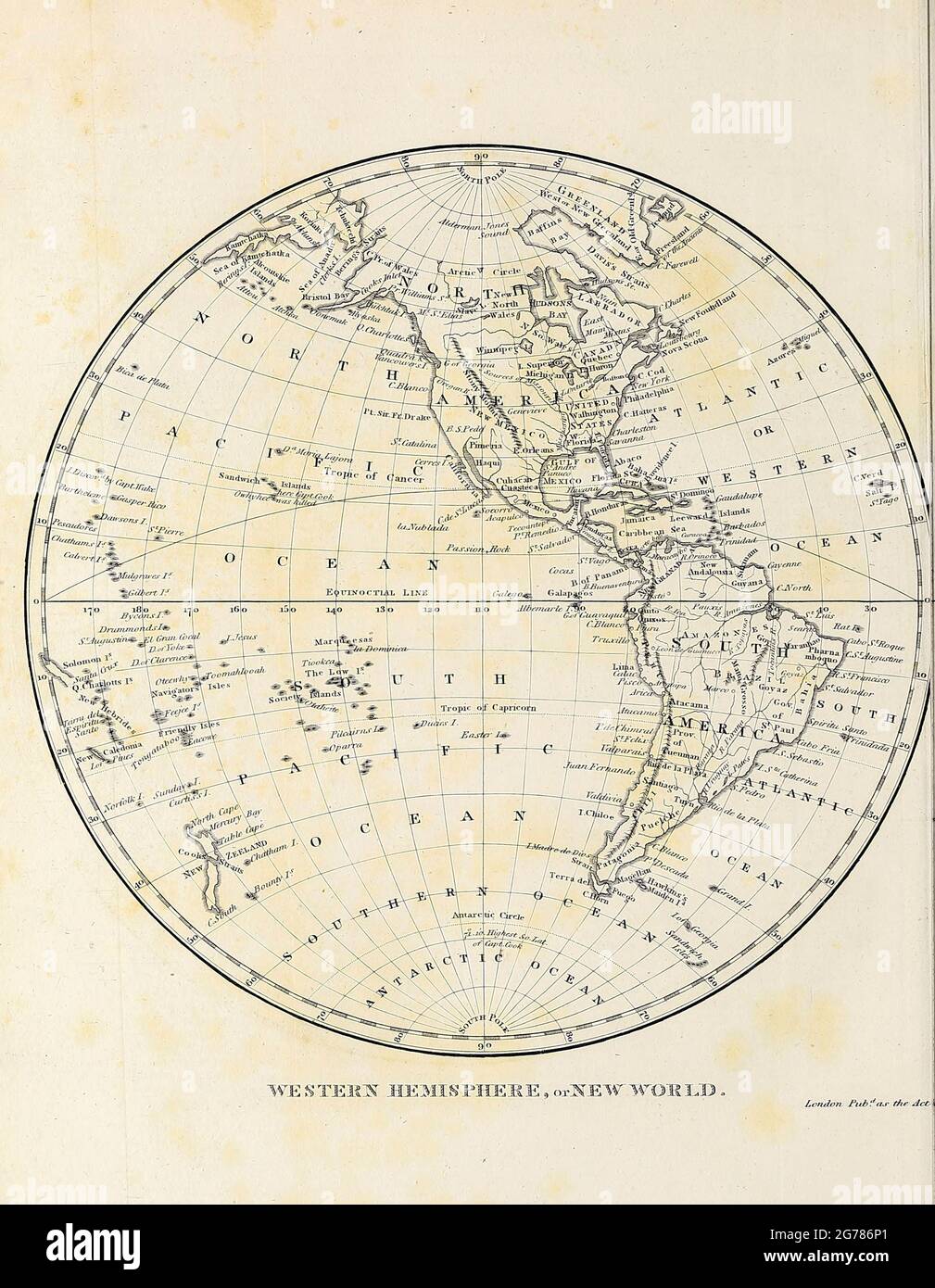 Western Hemisphere New World Copperplate engraving From the Encyclopaedia Londinensis or, Universal dictionary of arts, sciences, and literature; Volume VIII;  Edited by Wilkes, John. Published in London in 1810. Stock Photo