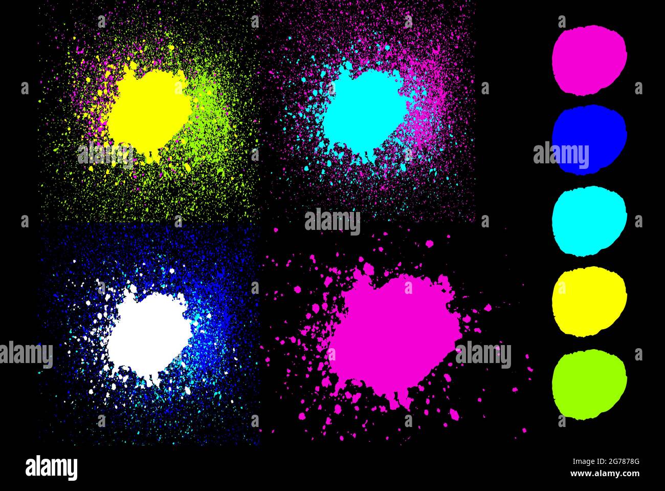 Round blue, green, pink, yellow, cyan neon colors explosin splash splatter  elements isolated on black. Artistic circles spray paint grunge abstract ba  Stock Vector Image & Art - Alamy
