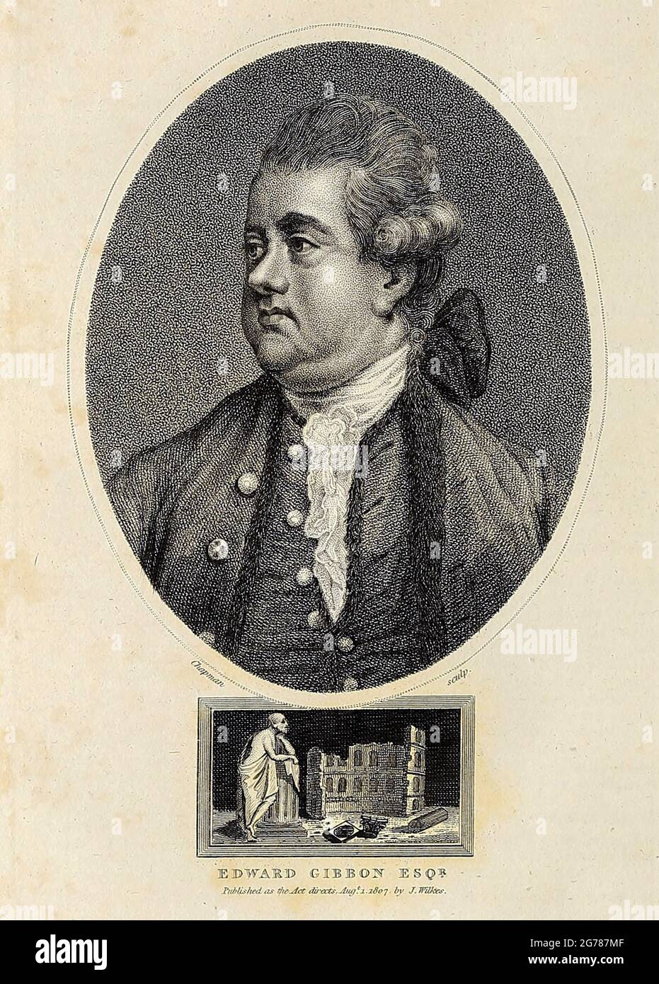 Edward Gibbon FRS (8 May 1737 – 16 January 1794) was an English historian, writer, and Member of Parliament. His most important work, The History of the Decline and Fall of the Roman Empire, published in six volumes between 1776 and 1788, is known for the quality and irony of its prose, its use of primary sources, and its polemical criticism of organised religion. Copperplate engraving From the Encyclopaedia Londinensis or, Universal dictionary of arts, sciences, and literature; Volume VIII;  Edited by Wilkes, John. Published in London in 1810. Stock Photo