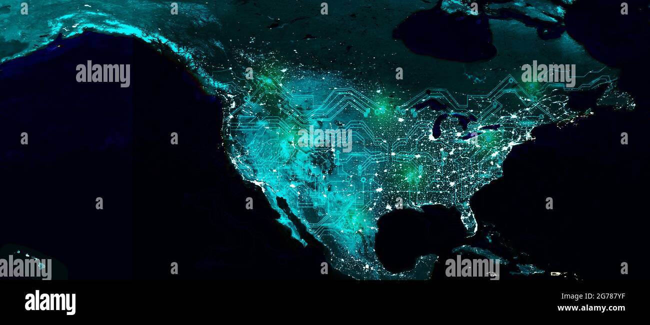 North American continent electric lights map at night. Satellite view