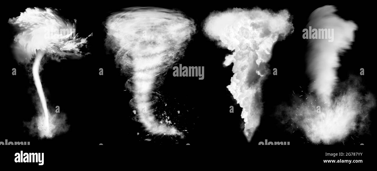 Flowing smoke. Set of tornado isolated on black background Stock Photo