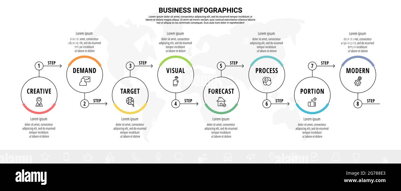 Business vector infographics with 8 line circles. Timeline ...