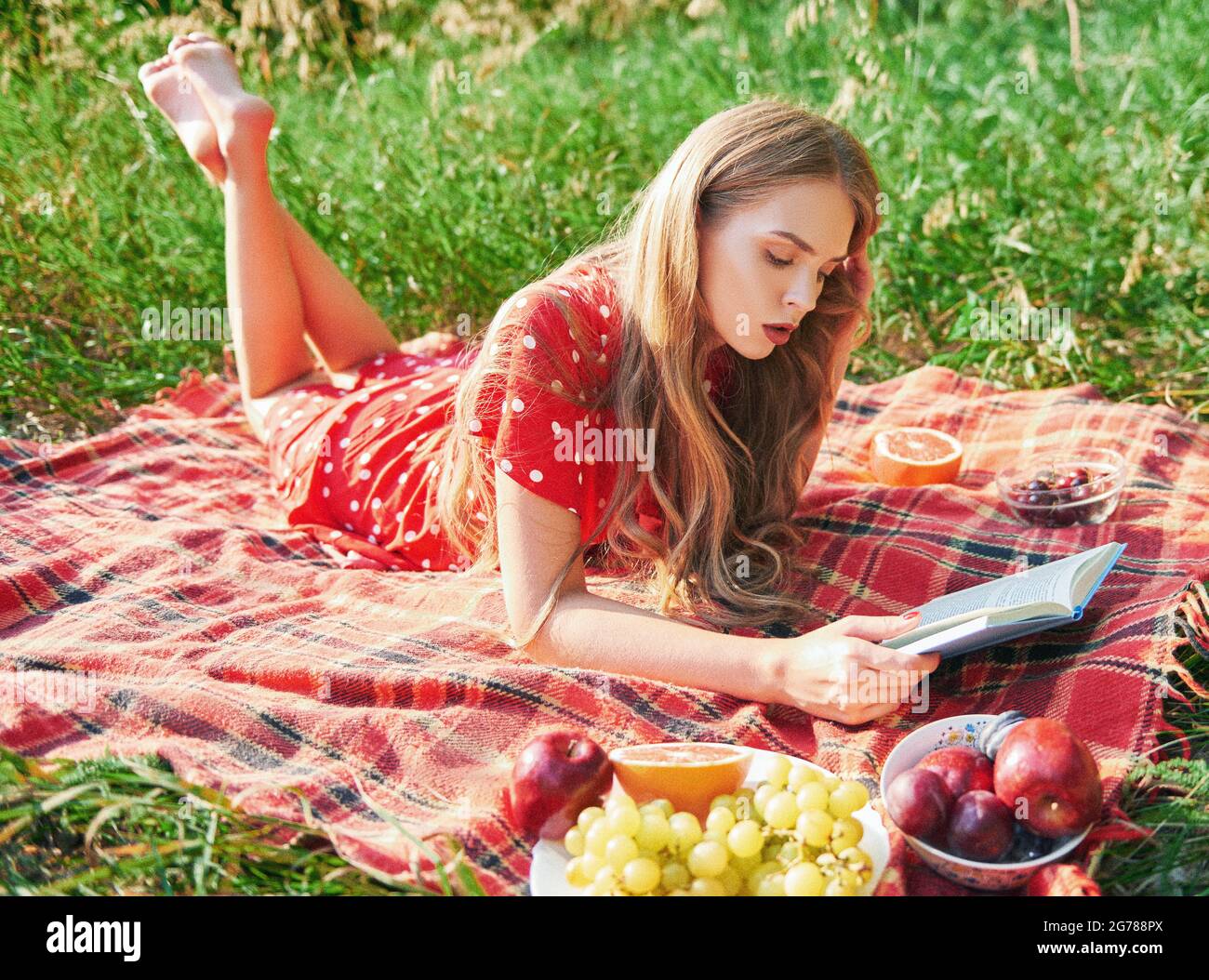 Picnic scene: lovely girl lying on a plaid and reading book in park. Outdoor portrait of beautiful young woman in red dress. Effect of old film with g Stock Photo