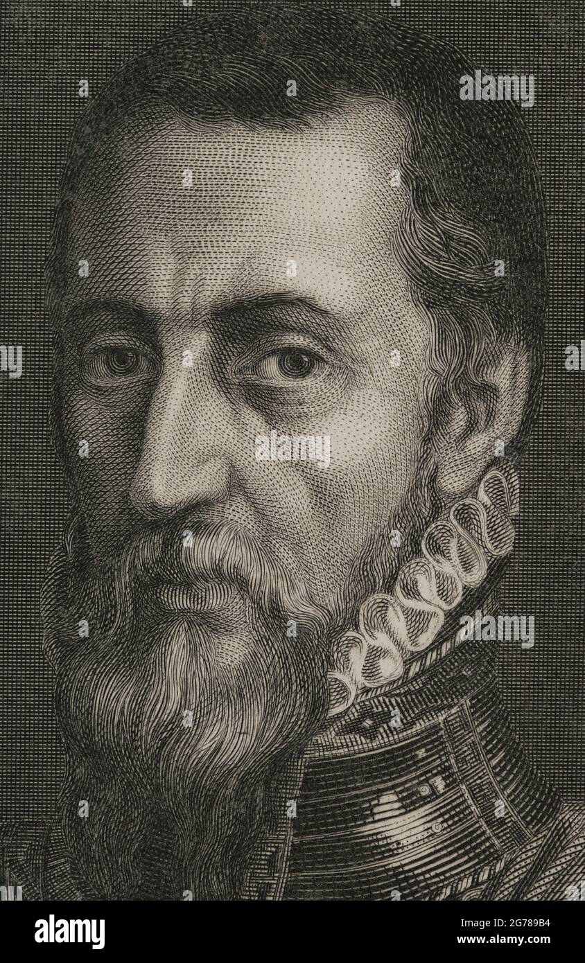 Fernando Alvarez de Toledo y Pimentel (1507-1582). Spanish military. 3rd Duke of Alba. Governor of Milan, Viceroy of Naples, Governor of the Netherlands and 1st Viceroy of Portugal and the Algarves. Portrait. Engraving by Calamatta. Detail. Correspondance de Philippe II sur les affaires des Pays-Bas. Published in Brussels, 1851. Historical Military Library of Barcelona, Catalonia, Spain. Stock Photo