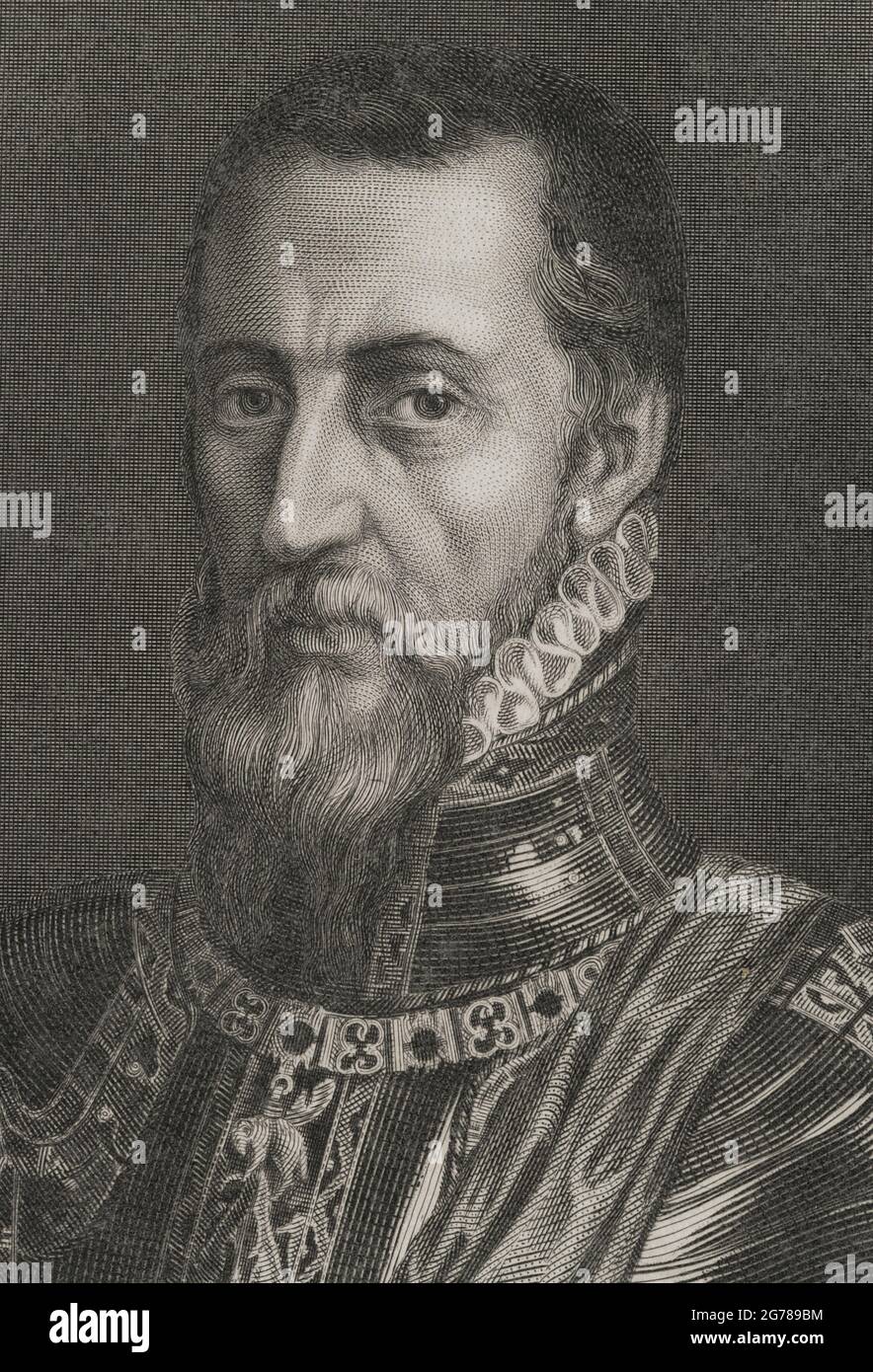 Fernando Alvarez de Toledo y Pimentel (1507-1582). Spanish military. 3rd Duke of Alba. Governor of Milan, Viceroy of Naples, Governor of the Netherlands and 1st Viceroy of Portugal and the Algarves. Portrait. Engraving by Calamatta. Correspondance de Philippe II sur les affaires des Pays-Bas. Published in Brussels, 1851. Historical Military Library of Barcelona, Catalonia, Spain. Stock Photo