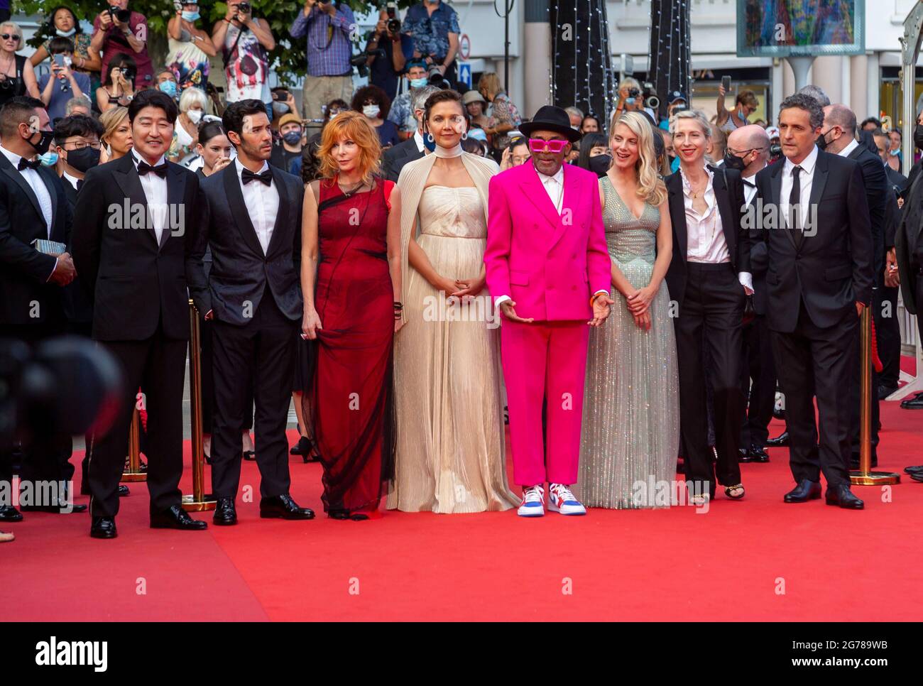 Song Kang-Ho (l-r), Tahar Rahim, Mylène Farmer, Maggie Gyllenhaal, Jury president and Spike Lee, Mélanie Laurent, Jessica Hausner and Kleber Mendonça Filho attend the premiere of 'Annette' during the 74th annual Cannes Film Festival in Cannes, France, on 06 July 2021. Stock Photo