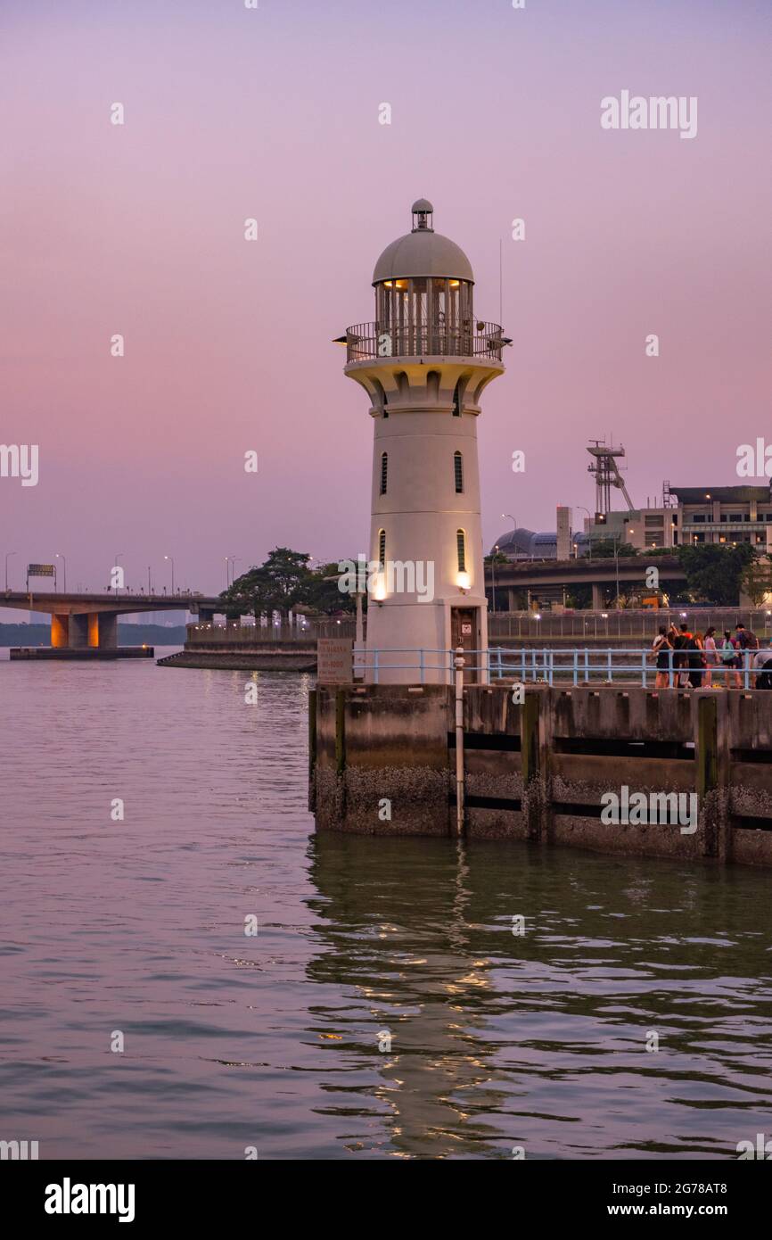 The lighthouse at Raffles Marina in the west of Singapore. Stock Photo