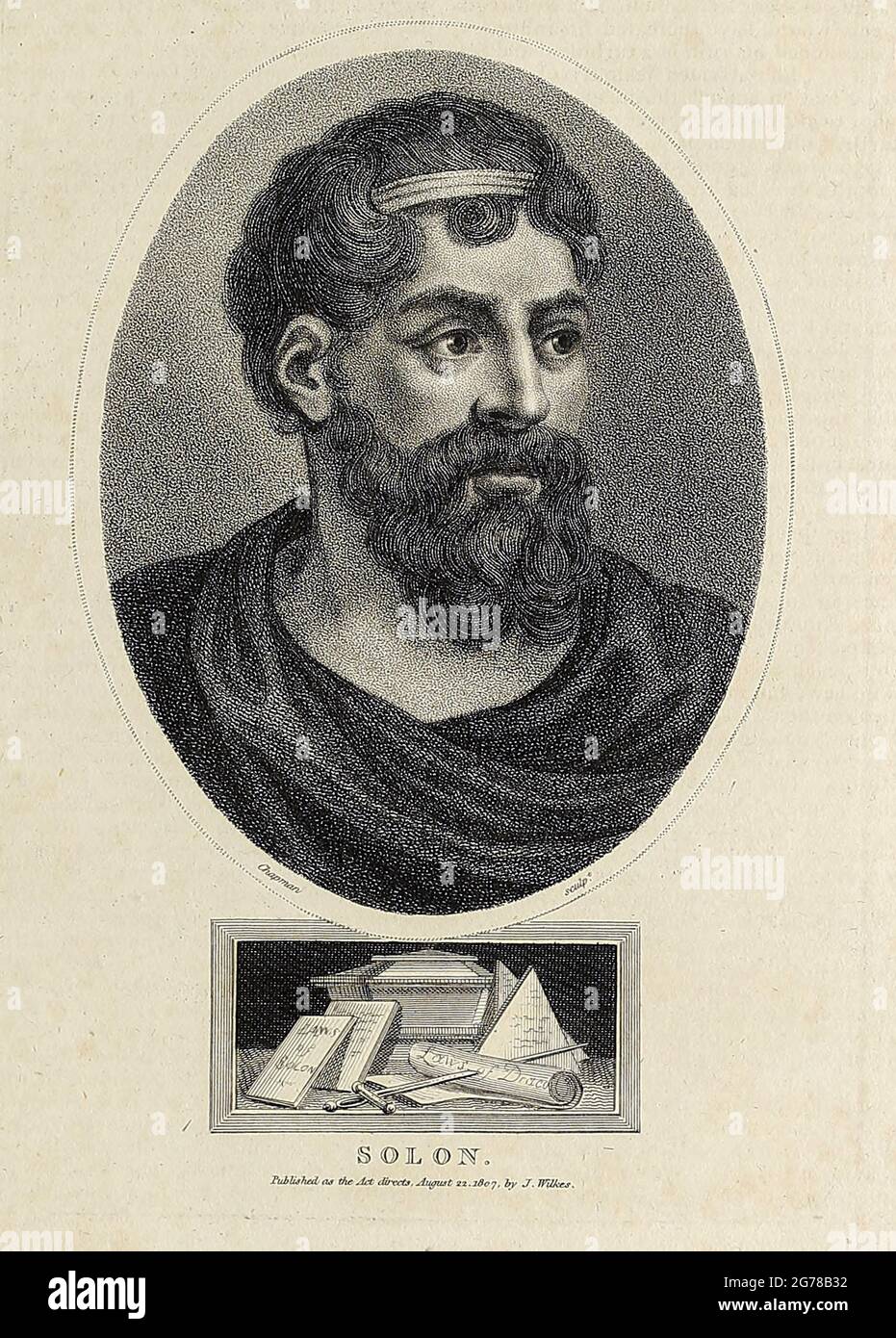 Solon (c.  630 – c.  560 BC) was an Athenian statesman, lawmaker and poet. He is remembered particularly for his efforts to legislate against political, economic and moral decline in archaic Athens.[2] His reforms failed in the short term, yet he is often credited with having laid the foundations for Athenian democracy.[3][4][5] He wrote poetry for pleasure, as patriotic propaganda, and in defence of his constitutional reform. Copperplate engraving From the Encyclopaedia Londinensis or, Universal dictionary of arts, sciences, and literature; Volume VIII;  Edited by Wilkes, John. Published in L Stock Photo